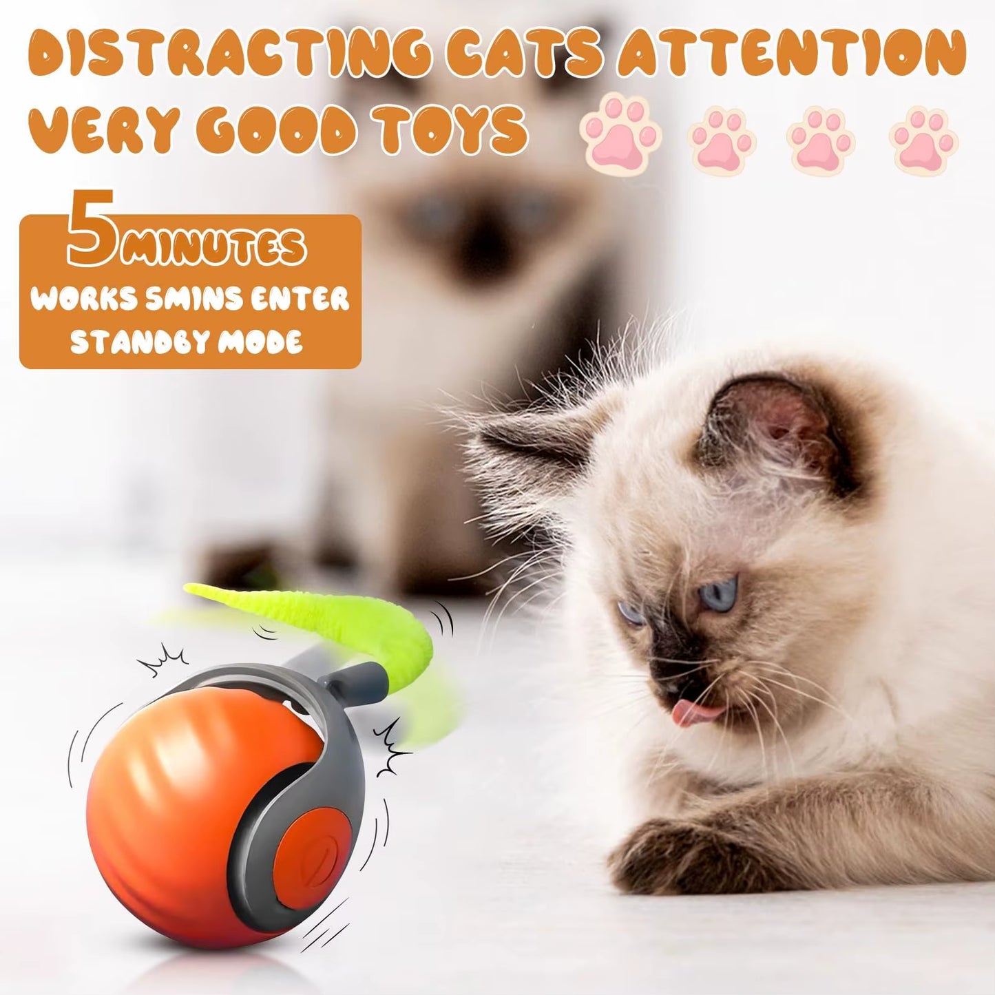 Newspeedy Tail 2.0 Cat Toy, Speedy Tail Cat Toy, Interactive Cat Ball Toy, Smart Cat Toys Ball, Two Speed Adjustment, with Tail