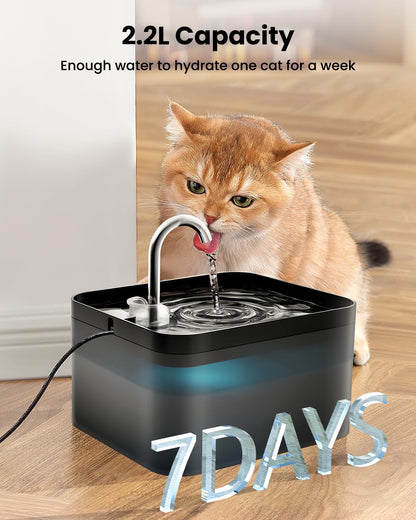 Fuente Para Gatos, 2,2L Bebedero Gatos, Súper Silenciosa, Fácil De Limpiar, Fuente De Agua Para Perros Con LED Y Filtro De Carbón Activado, Dos Patrones De Flujo De Agua
